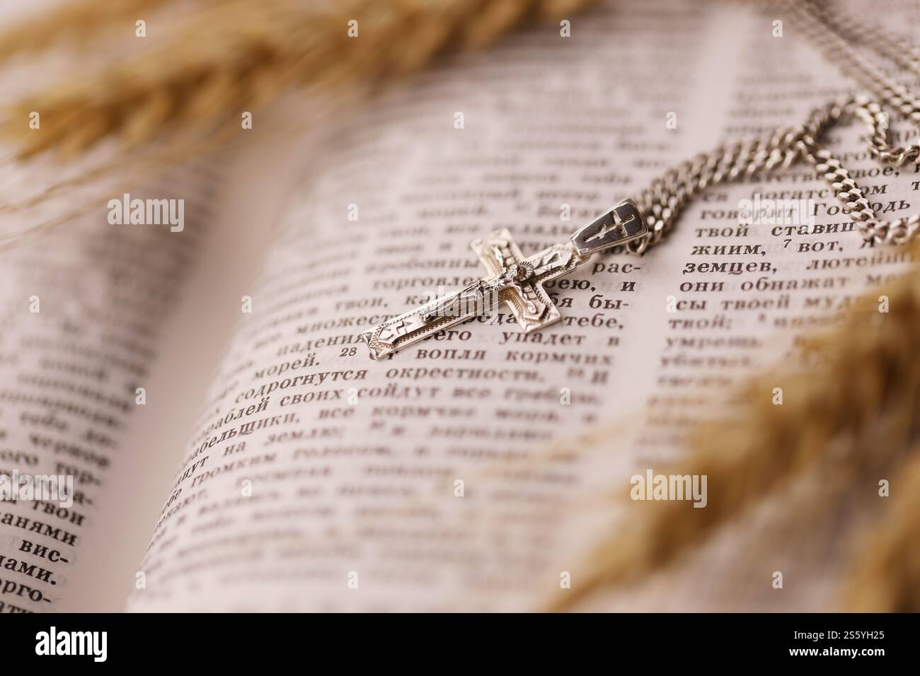 Collana in argento con croce crocifisso su un libro sacro cristiano della bibbia su un tavolo di legno nero. Chiedere benedizioni a Dio con il potere della santità, che Foto Stock