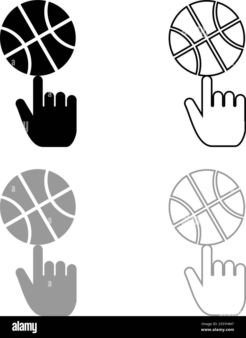 Palla da basket che gira sopra il contorno dell'icona del dito indice Imposta il colore grigio nero immagine vettoriale stile piatto immagine semplice. Palla da basket che gira sulla parte superiore del contorno dell'icona del dito indice imposta l'illustrazione vettoriale di colore grigio nero immagine piatta Illustrazione Vettoriale