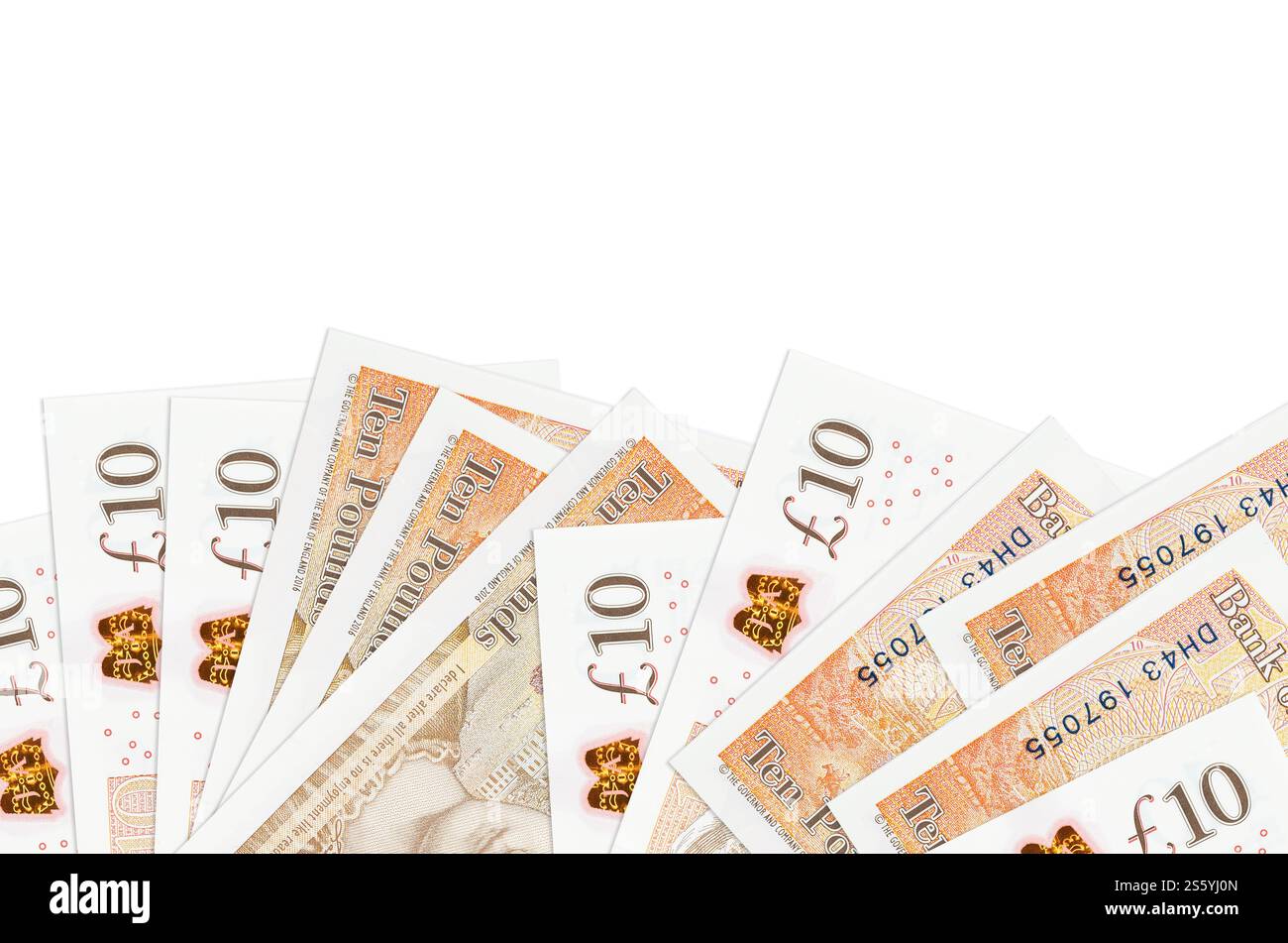 Le banconote da 10 sterline britanniche si trovano sul lato inferiore dello schermo isolato su sfondo bianco con spazio di copia. Modello banner di sfondo per i concetti aziendali Foto Stock