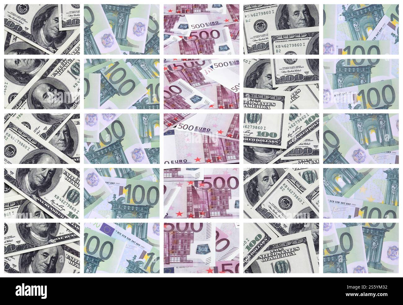 Un collage di molte immagini delle banconote in tagli da 100 e 500 euro giacente nella memoria heap Foto Stock