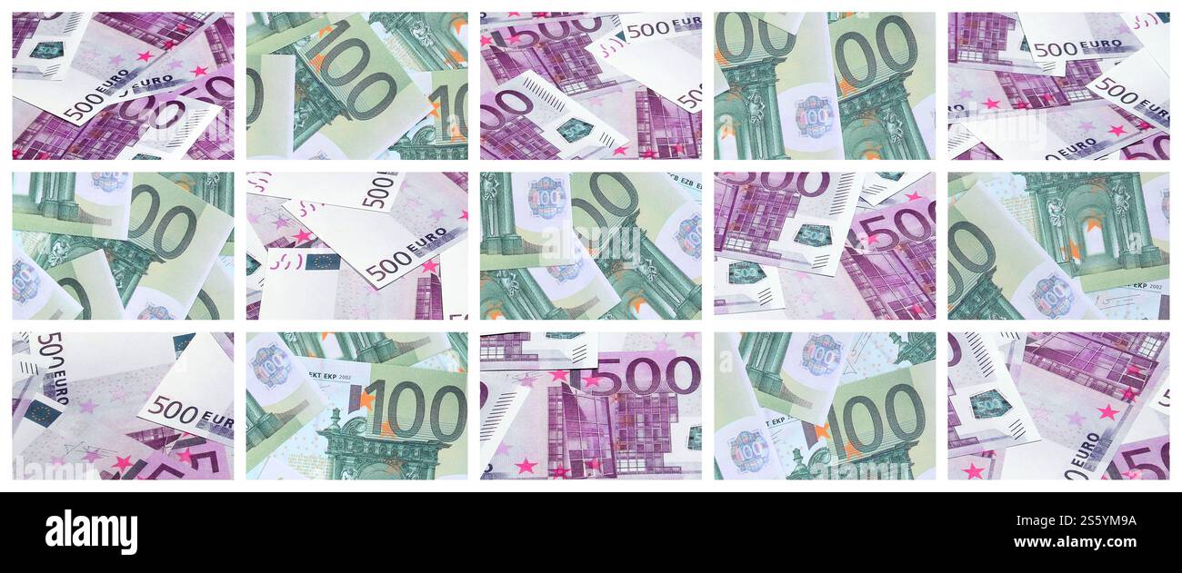 Un collage di molte immagini di centinaia di dollari ed euro bills giacente in una pila Foto Stock