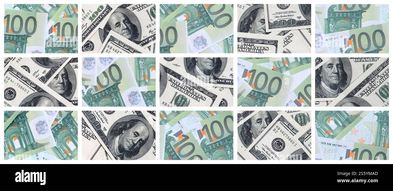 Un collage di molte immagini delle banconote in tagli da 100 e 500 euro giacente nella memoria heap Foto Stock