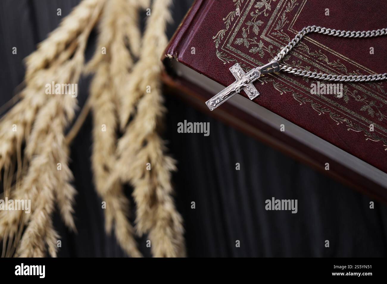 Collana in argento con croce crocifisso su un libro sacro cristiano della bibbia su un tavolo di legno nero. Chiedere benedizioni a Dio con il potere della santità, che Foto Stock