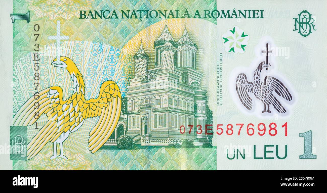 Curtea de Arges Cattedrale ritratto da soldi rumeni 1 Leu 2005 Banknote. Primo piano sulla bolletta dei soldi verdi. Cattedrale Curtea de Arges ritratto da Foto Stock