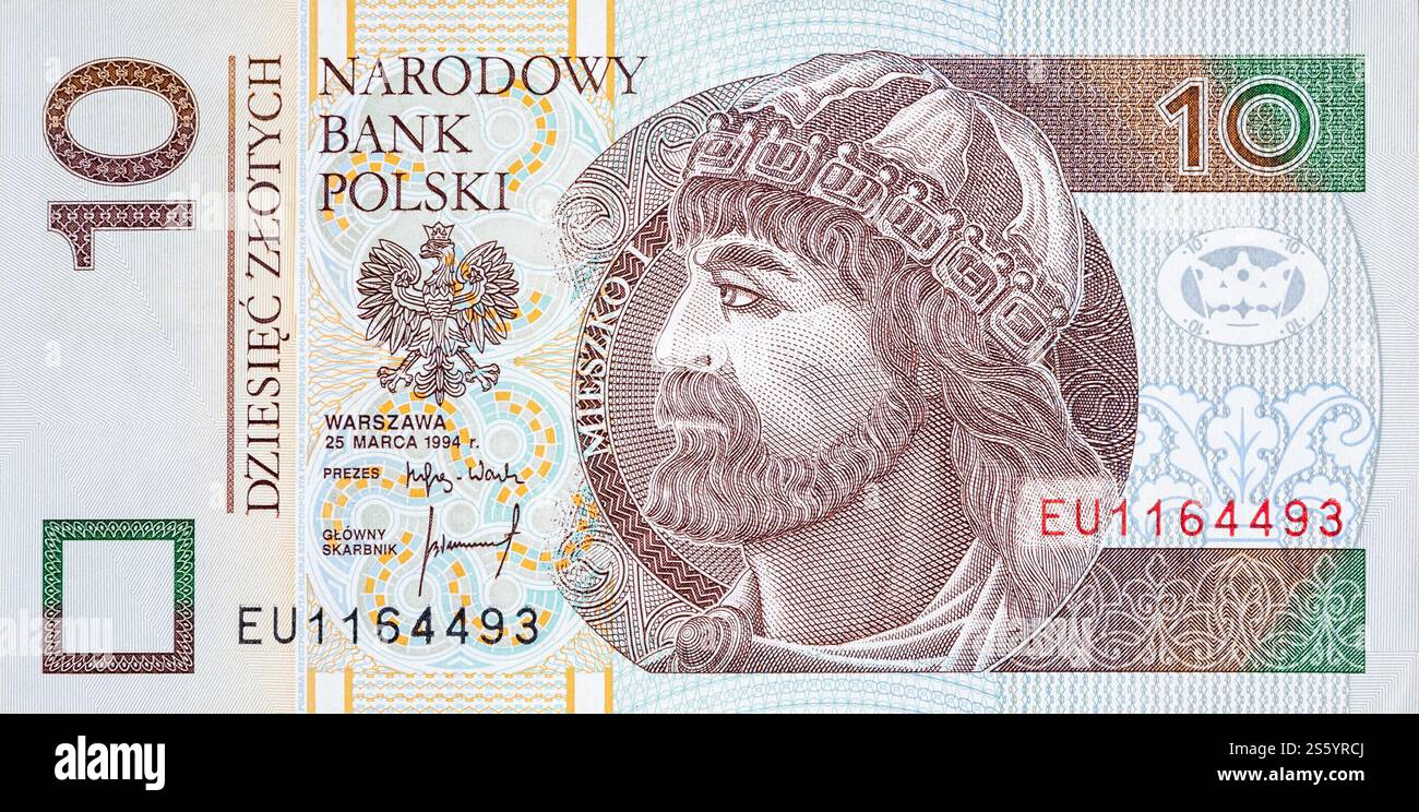 Mieszko i Principe di Polonia ritratto dal denaro polacco 10 zloty. La Polonia zlotys è la valuta nazionale della Polonia. Mieszko i Principe di Polonia Foto Stock