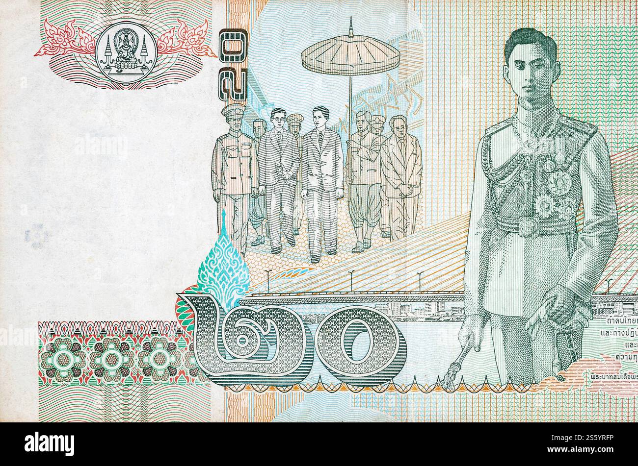 Re Bhumibol Adulyadej sulla banconota da 20 Baht Thailandia da vicino. Fattura della valuta nazionale della Thailandia. Re Bhumibol Adulyadej su 20 Baht Thailandia Foto Stock