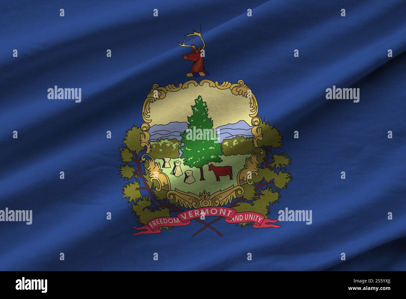 Bandiera dello stato del Vermont, con pieghe grandi che sventolano da vicino sotto la luce dello studio al chiuso. I simboli e i colori ufficiali dello striscione in tessuto. Vermont, Stati Uniti Foto Stock