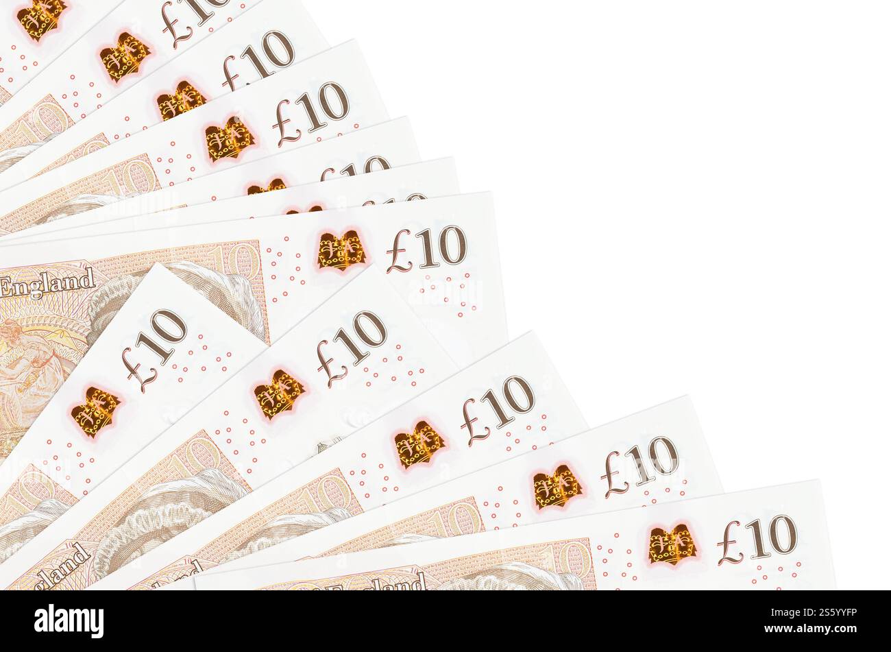 Le banconote da 10 sterline britanniche sono isolate su sfondo bianco con spazio di copia impilato nel primo piano della ventola. Concetto di tempo del giorno di paga o operazioni finanziarie. 10 Foto Stock