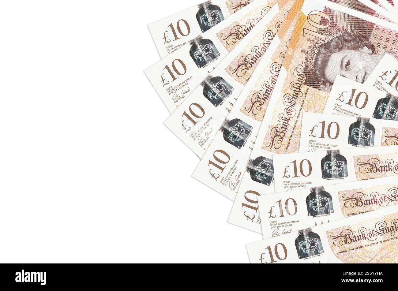 Le banconote da 10 sterline britanniche sono isolate su sfondo bianco con spazio di copia. Un ricco background concettuale. Grande quantità di ricchezza monetaria nazionale. Foto Stock