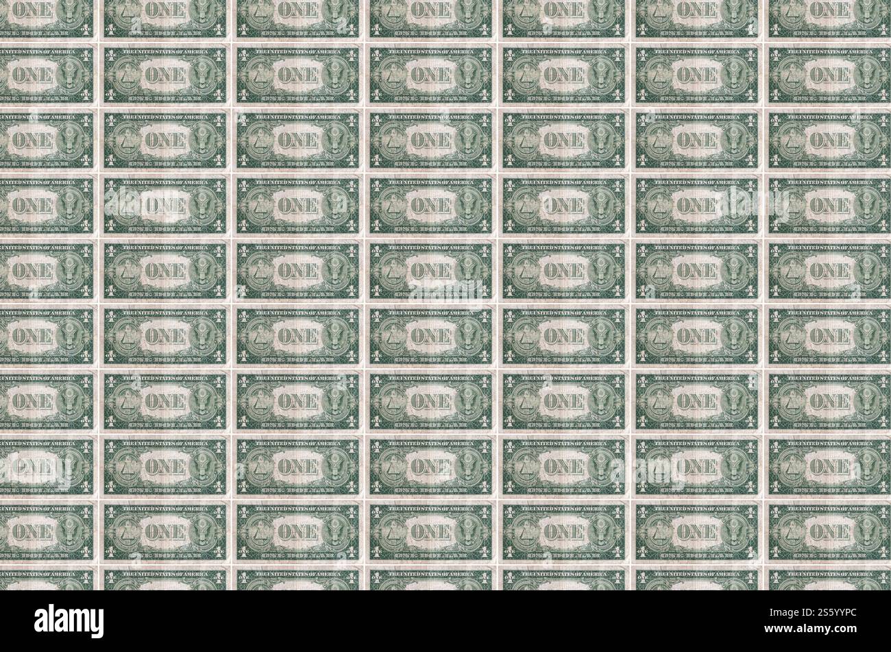 Banconote da 1 dollaro USA stampate su un trasportatore per la produzione di denaro. Collage di molte bollette. Concetto di inflazione e svalutazione valutaria. Banconote da 1 dollaro Foto Stock