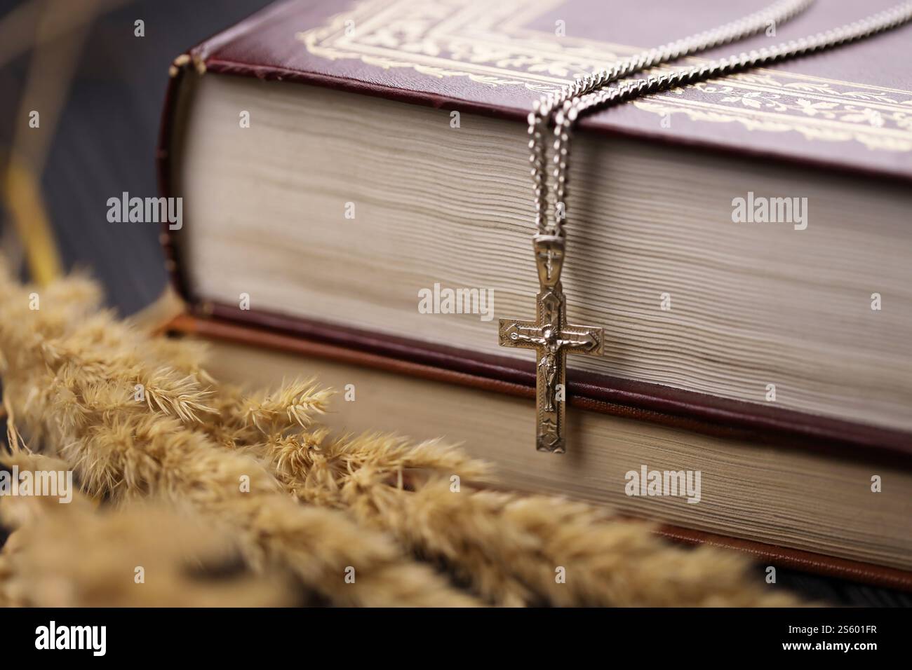 Collana in argento con croce crocifisso su un libro sacro cristiano della bibbia su un tavolo di legno nero. Chiedere benedizioni a Dio con il potere della santità, che Foto Stock