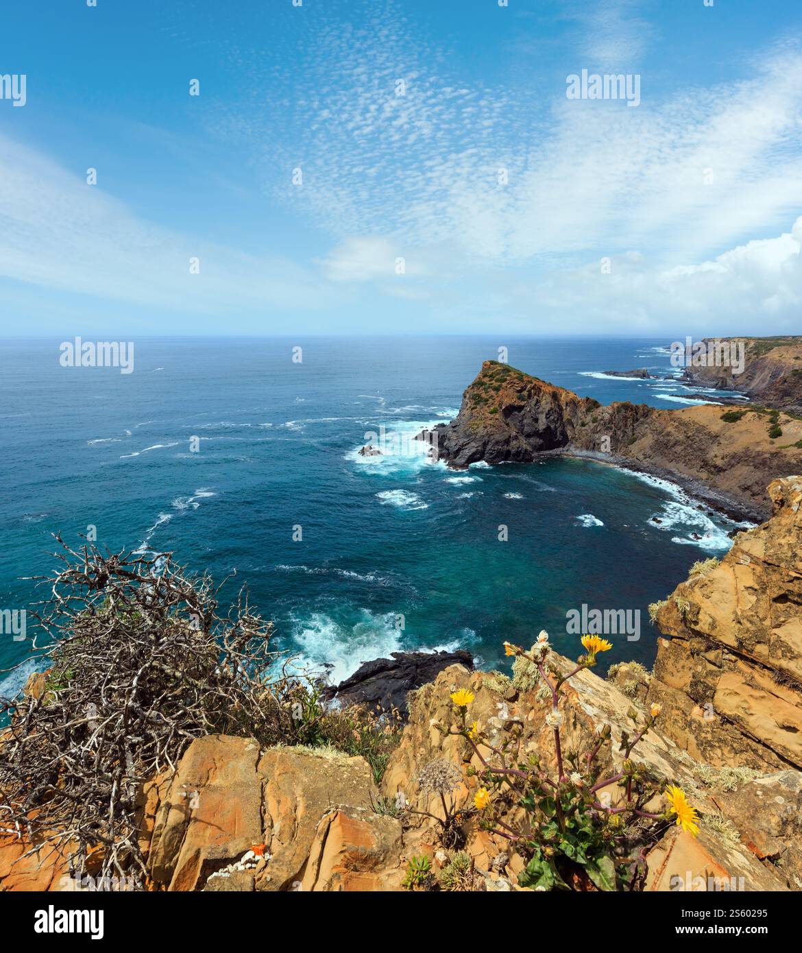 Estate oceano Atlantico costa rocciosa scenario (vicino alla spiaggia di Arrifana, Aljezur, Algarve, Portogallo). Foto Stock