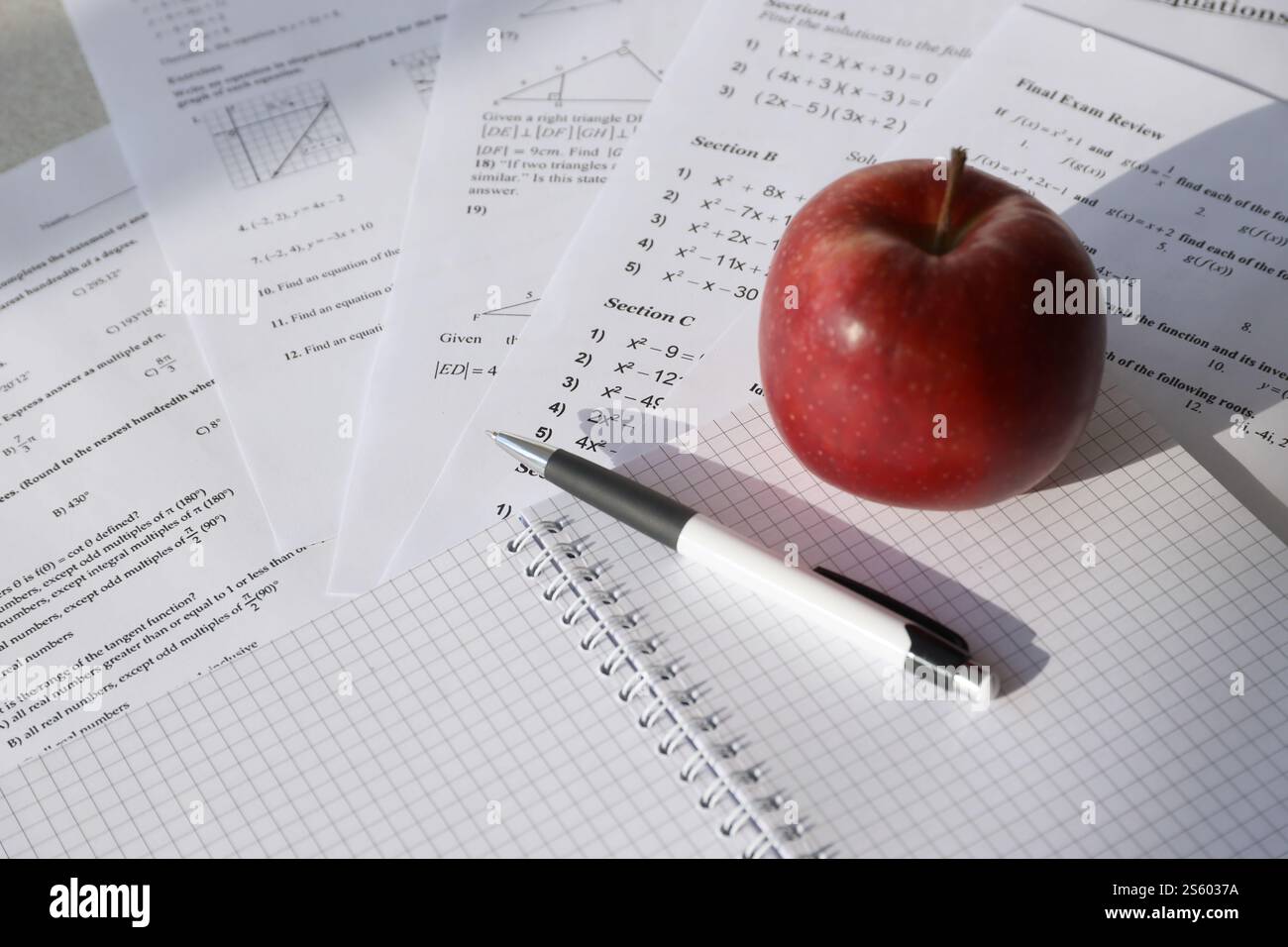 Scrittura a mano di equazione quadratica matematica su esame, pratica, quiz o test in classe di matematica. Risoluzione dello sfondo delle equazioni esponenziali Foto Stock