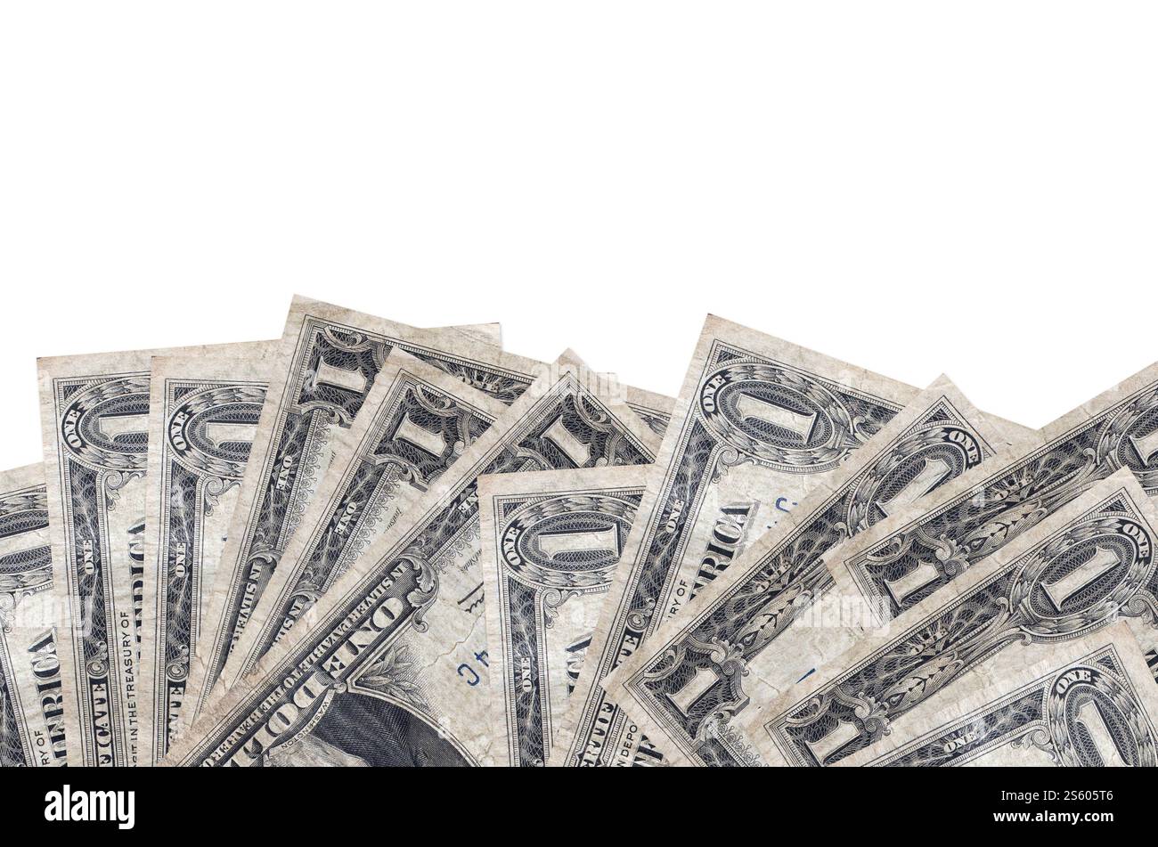 Le banconote da 1 dollaro USA si trovano sul lato inferiore dello schermo, isolate su sfondo bianco con spazio di copia. Modello banner di sfondo per i concetti aziendali con Foto Stock