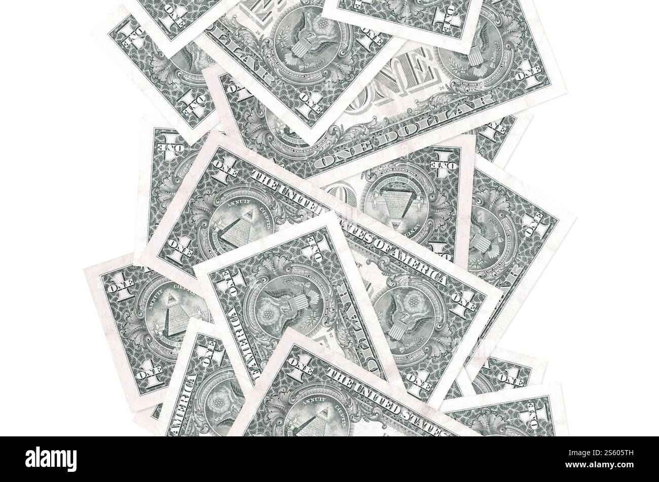 Banconote da 1 dollaro che volano isolate sul bianco. Molte banconote cadono con uno spazio per copie bianche sul lato sinistro e destro. Banconote da 1 dollaro in volo Foto Stock