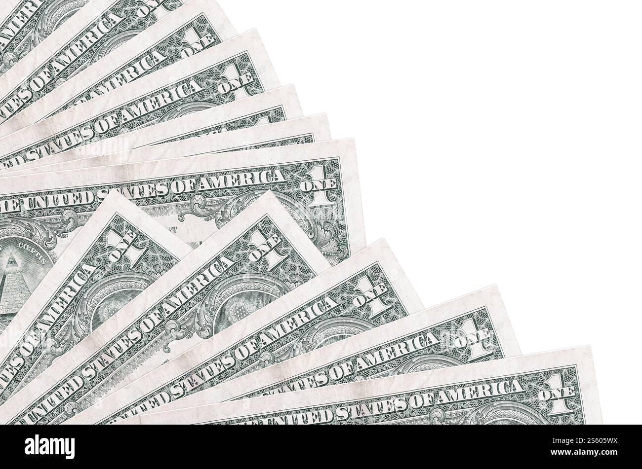 Le banconote da 1 dollaro USA sono isolate su sfondo bianco con spazio di copia impilato nel primo piano della ventola. Concetto di tempo del giorno di paga o operazioni finanziarie. 1 dollaro USA Foto Stock