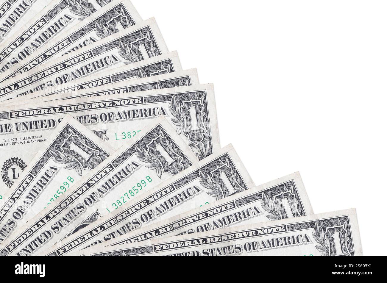 Le banconote da 1 dollaro USA sono isolate su sfondo bianco con spazio di copia impilato nel primo piano della ventola. Concetto di tempo del giorno di paga o operazioni finanziarie. 1 dollaro USA Foto Stock