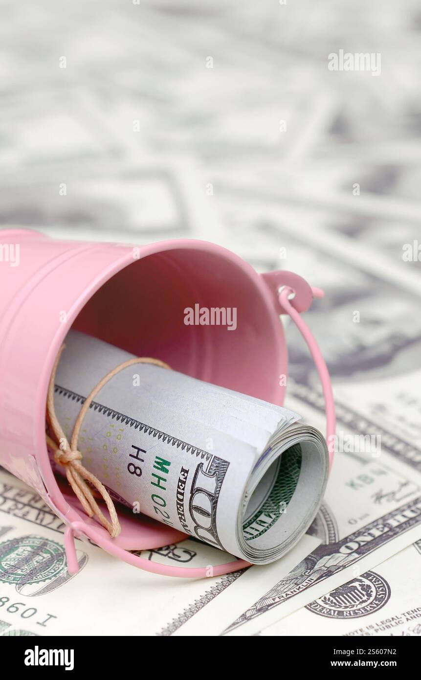 Un pacchetto di dollari USA in un secchio di metallo rosa su una serie di banconote da un dollaro. Il concetto di abbondanza e eccesso di denaro. Un pacchetto di dollari USA in un metallo Foto Stock