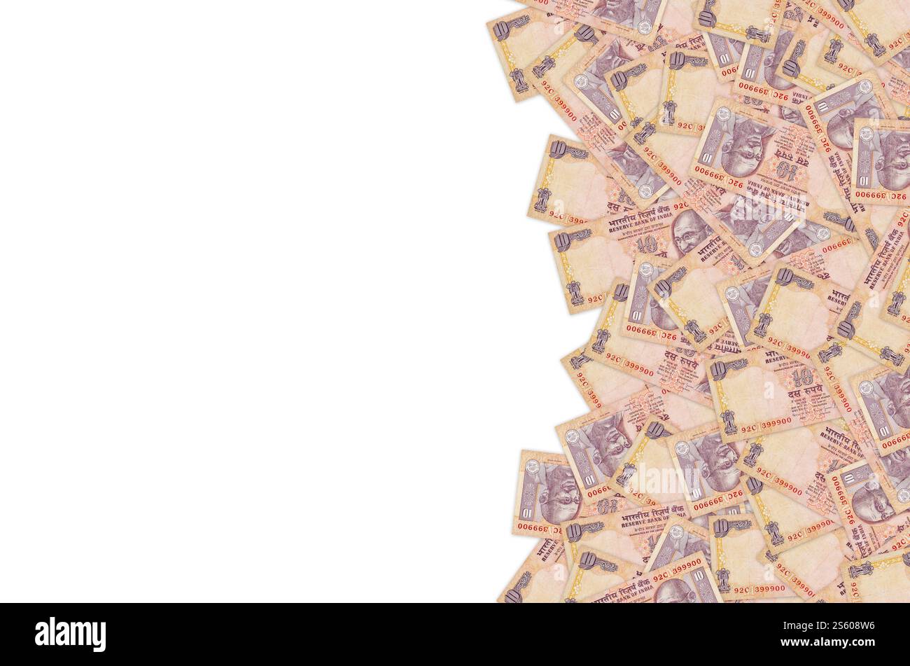 Mahatma Gandhi affronta la banconota indiana con dieci rupie. 10 Rupia valuta nazionale dell'India INR. Primo piano della banconota Orange Money. Mahatma Gandhi faccia a faccia Foto Stock