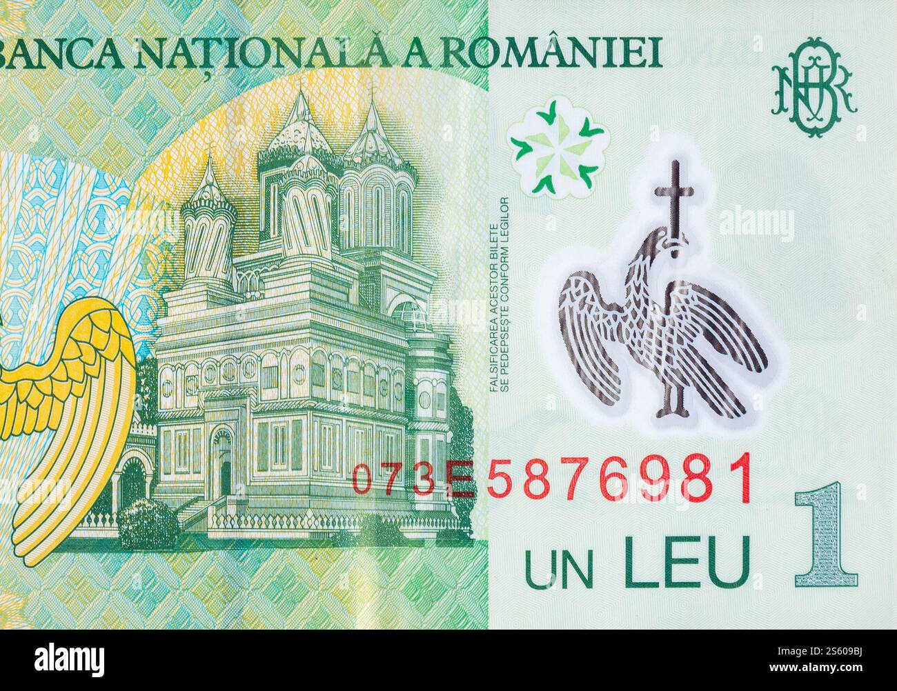 Curtea de Arges Cattedrale ritratto da soldi rumeni 1 Leu 2005 Banknote. Primo piano sulla bolletta dei soldi verdi. Cattedrale Curtea de Arges ritratto da Foto Stock