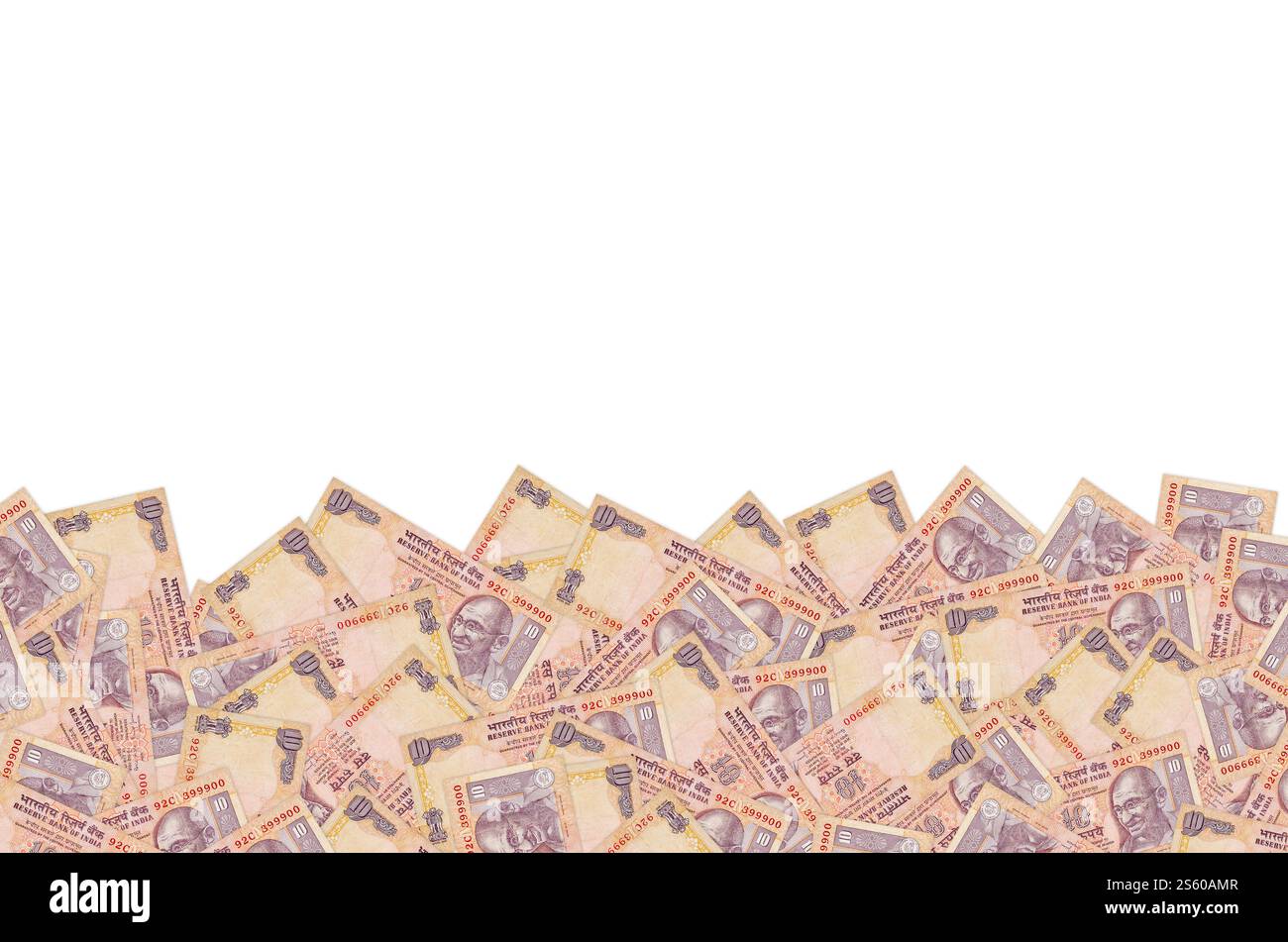 Mahatma Gandhi affronta la banconota indiana con dieci rupie. 10 Rupia valuta nazionale dell'India INR. Primo piano della banconota Orange Money. Mahatma Gandhi faccia a faccia Foto Stock