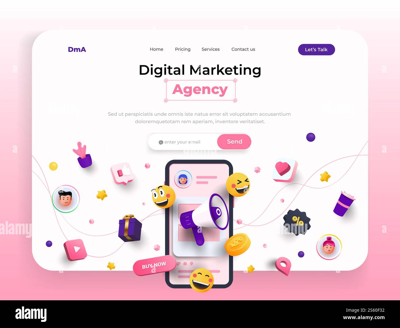 Modello di landing page di Digital Marketing Agency. Social media marketing, promozione e pubblicità su Internet. Moderno concetto di progettazione 3D di Foto Stock