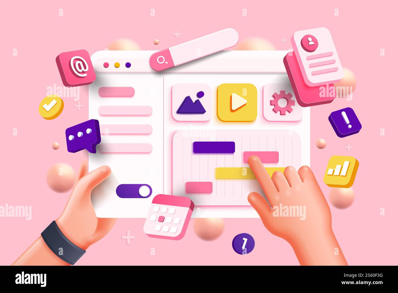 Pagina Web realistica con dashboard per concept aziendali e di marketing digitale. Analisi dei dati, dashboard e gestione delle app. Illustrazioni vettoriali 3D. Foto Stock