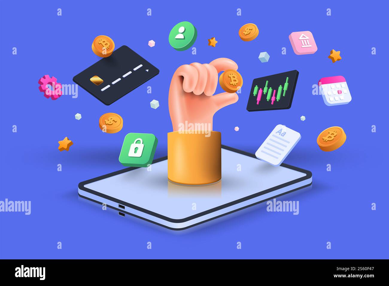 Infografica sulle transazioni in criptovaluta e sul mobile banking. Invia denaro. Portafoglio digitale Bitcoin. Concetto 3d di pagamento elettronico. Trasferimento di denaro internazionale Foto Stock