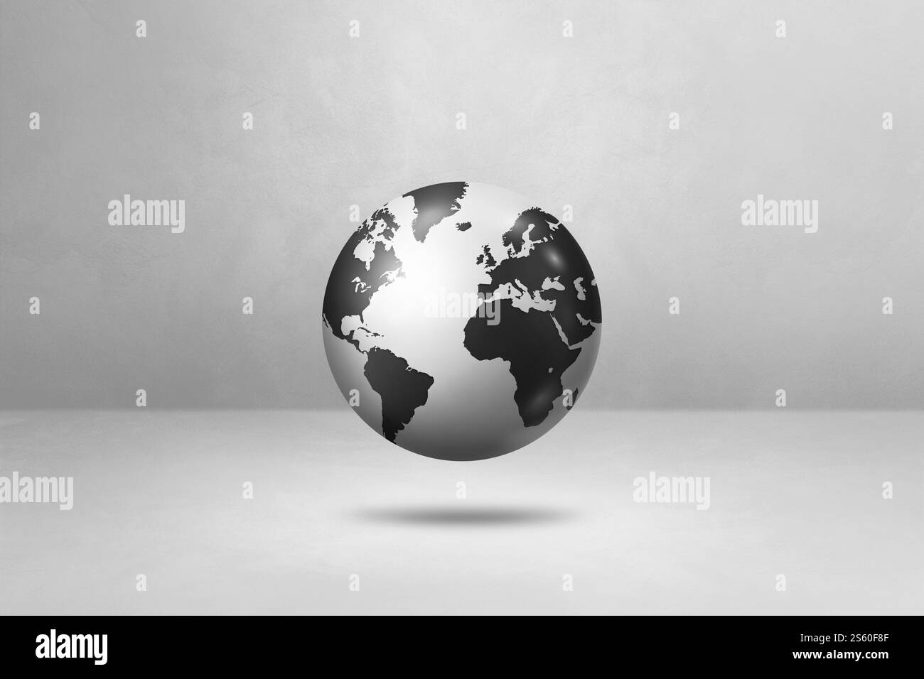Globo mondiale, mappa della terra nera, fluttuante su uno sfondo bianco. Illustrazione 3D isolata. Modello orizzontale. Globo del mondo, mappa della terra nera, isolato Foto Stock