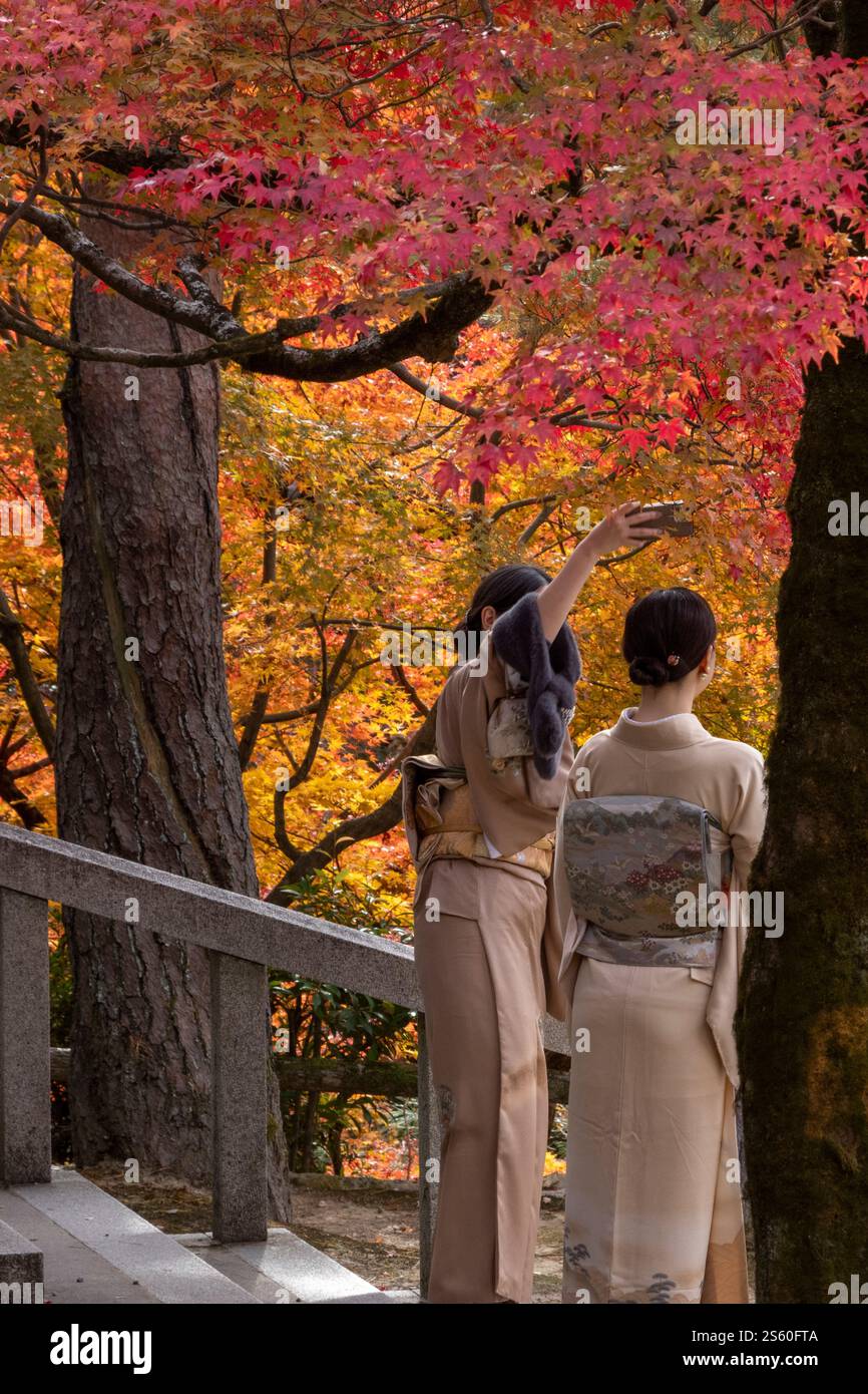 I turisti apprezzano il tradizionale servizio in costume giapponese per scattare foto in giro per la città, in particolare le foglie autunnali i fiori di ciliegio le stagioni. Foto Stock