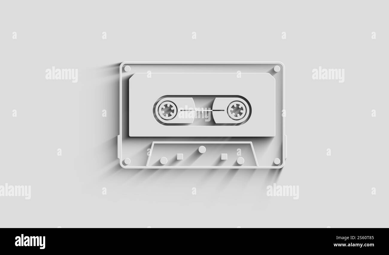 Audio cassette nastro retrò anni '80, simbolo di registrazione digitale. Illustrazione 3d astratta di rete, tecnologia informatica e background del computer. Foto Stock