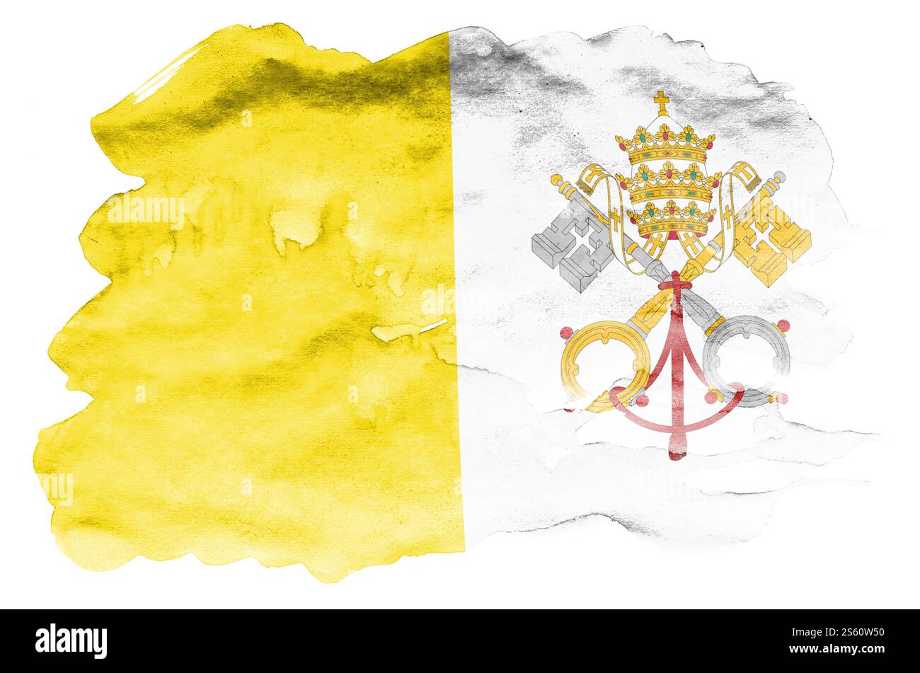 La bandiera dello Stato della città del Vaticano è raffigurata in acquerello liquido isolato su sfondo bianco. Vernice sconsiderata con l'immagine della bandiera nazionale. Foto Stock