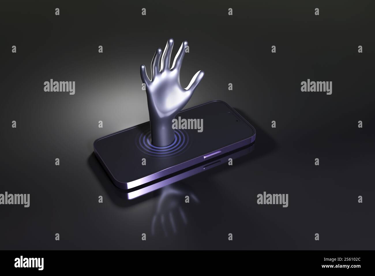 La persona sta annegando sullo schermo di un telefono cellulare con una mano sopra la superficie e crea increspature. Concetto di dipendenza da smartphone e disintossicazione digitale Foto Stock