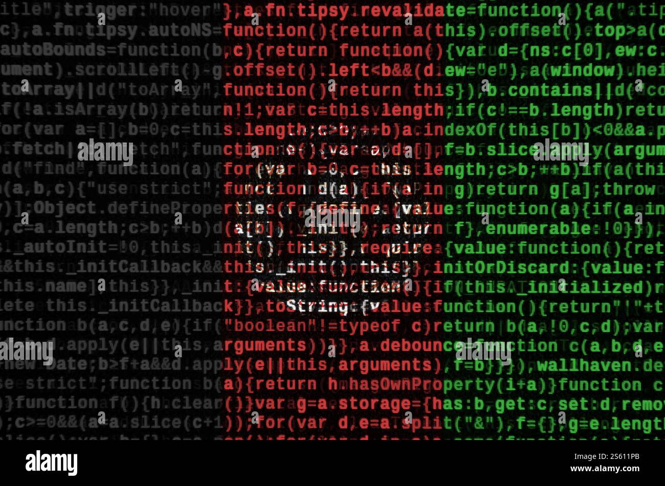 La bandiera dell'Afghanistan è raffigurata sullo schermo con il codice del programma. Il concetto di tecnologia moderna e sviluppo del sito. È raffigurata la bandiera dell'Afghanistan Foto Stock