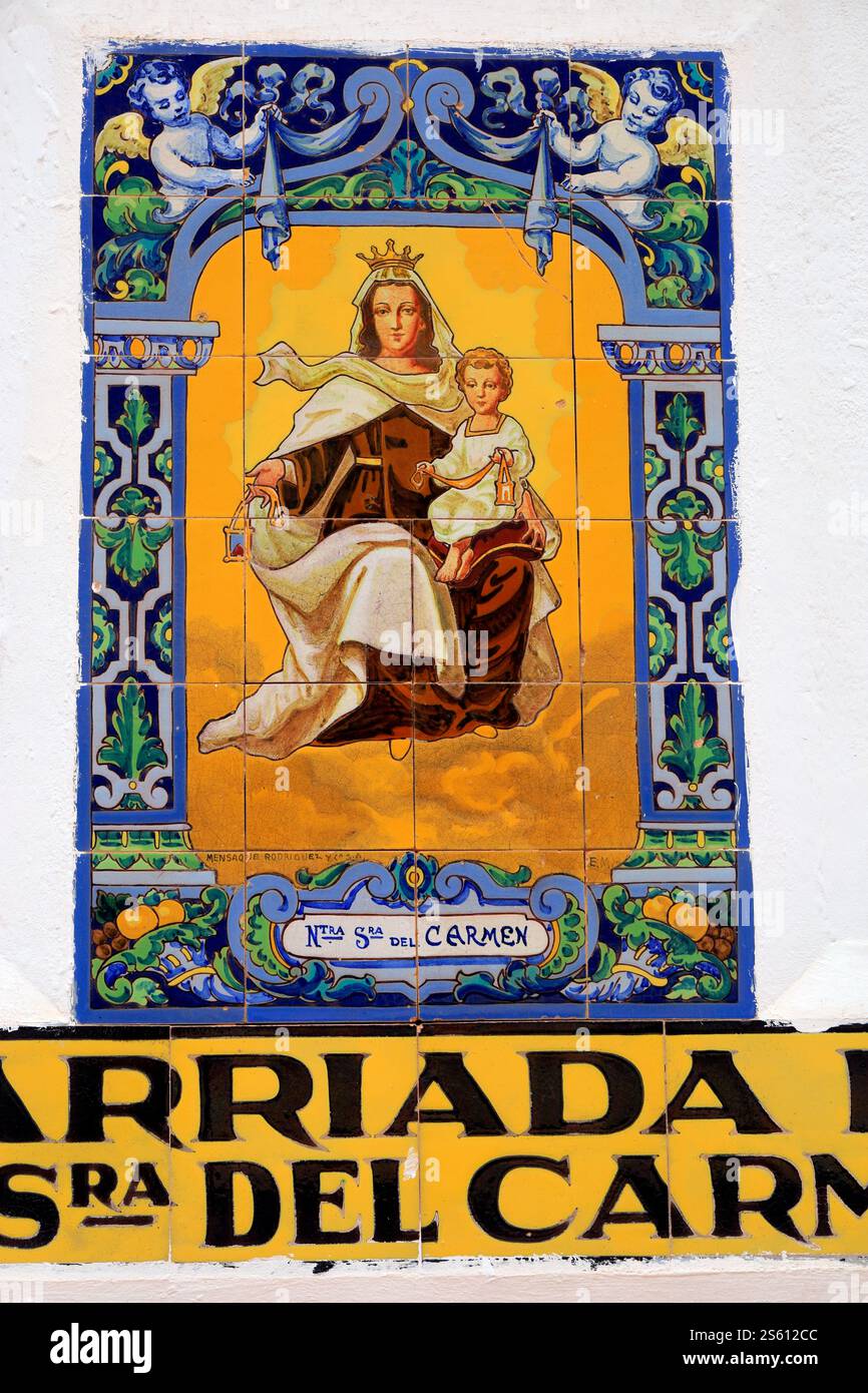 Placca murale decorata con piastrelle a nostra Senora del Carmen, Fuerteventura, Isole Canarie, Spagna Foto Stock