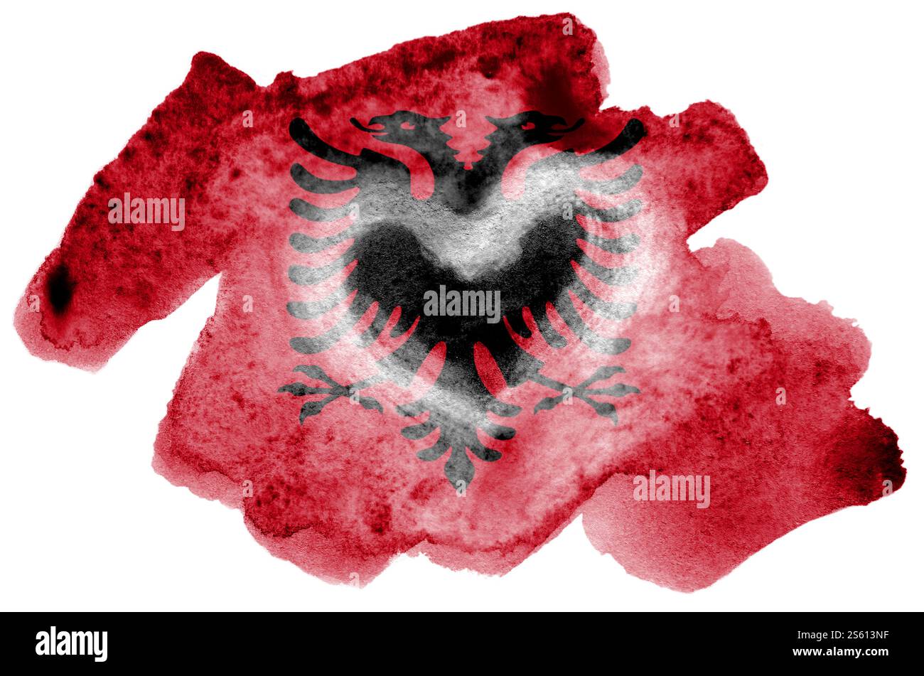 La bandiera albanese è raffigurata in acquerello liquido isolato su sfondo bianco. Vernice sconsiderata con l'immagine della bandiera nazionale. Indipendenza Foto Stock