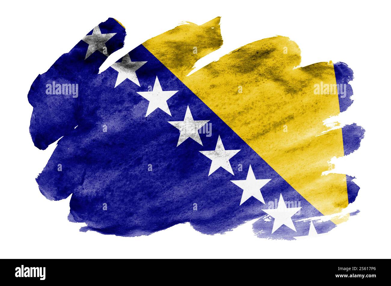 La bandiera della Bosnia ed Erzegovina è raffigurata in acquerello liquido isolato su sfondo bianco. Vernice sconsiderata con l'immagine della bandiera nazionale. Foto Stock