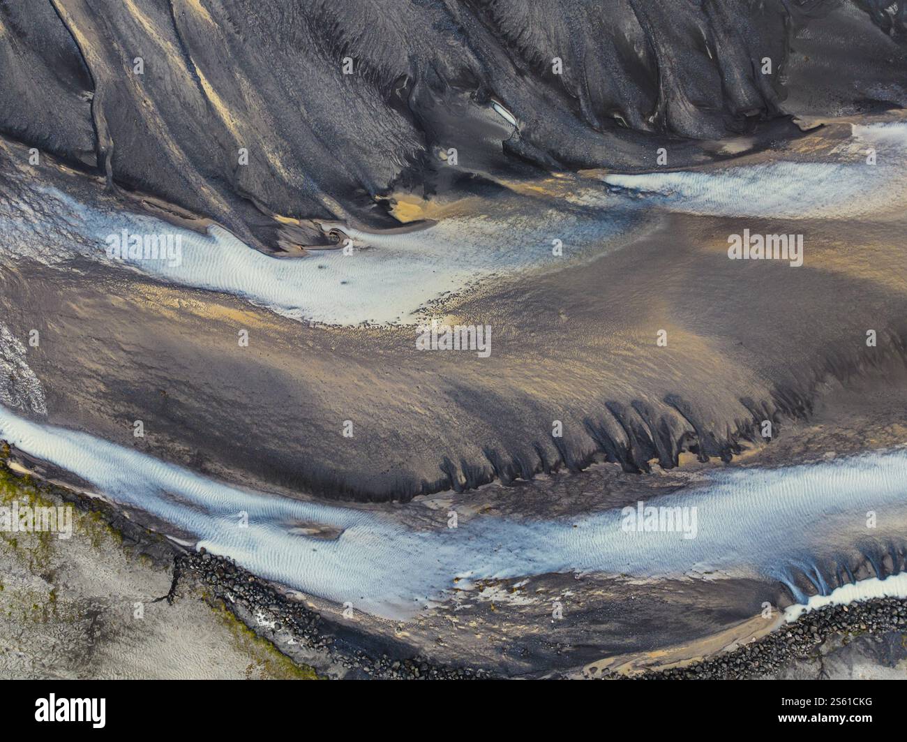 Vista aerea astratta delle strutture glaciali e delle sabbie vulcaniche nell'Islanda meridionale. Foto Stock