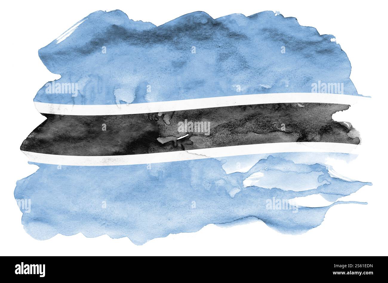 La bandiera del Botswana è raffigurata in acquerello liquido isolato su sfondo bianco. Vernice sconsiderata con l'immagine della bandiera nazionale. Indipendenza Foto Stock