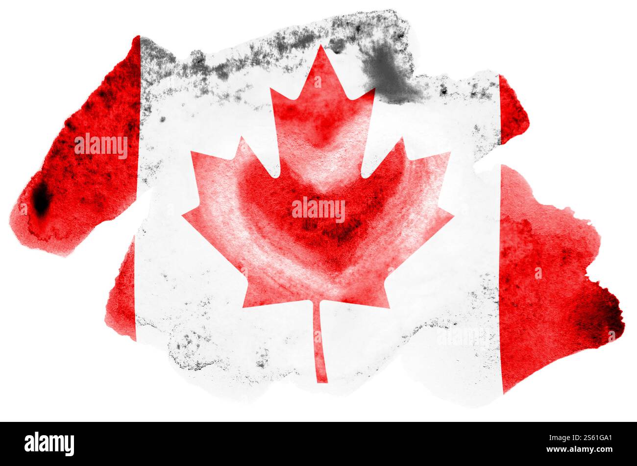 La bandiera del Canada è raffigurata in stile acquerello liquido isolato su sfondo bianco. Vernice sconsiderata con l'immagine della bandiera nazionale. Giornata dell'indipendenza Foto Stock