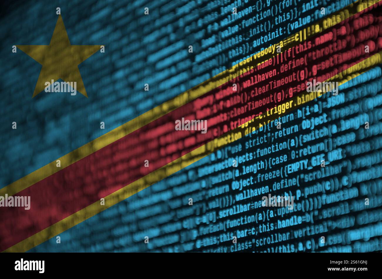 La bandiera della Repubblica Democratica del Congo è raffigurata sullo schermo con il codice del programma. Il concetto di tecnologia moderna e sviluppo del sito. Foto Stock