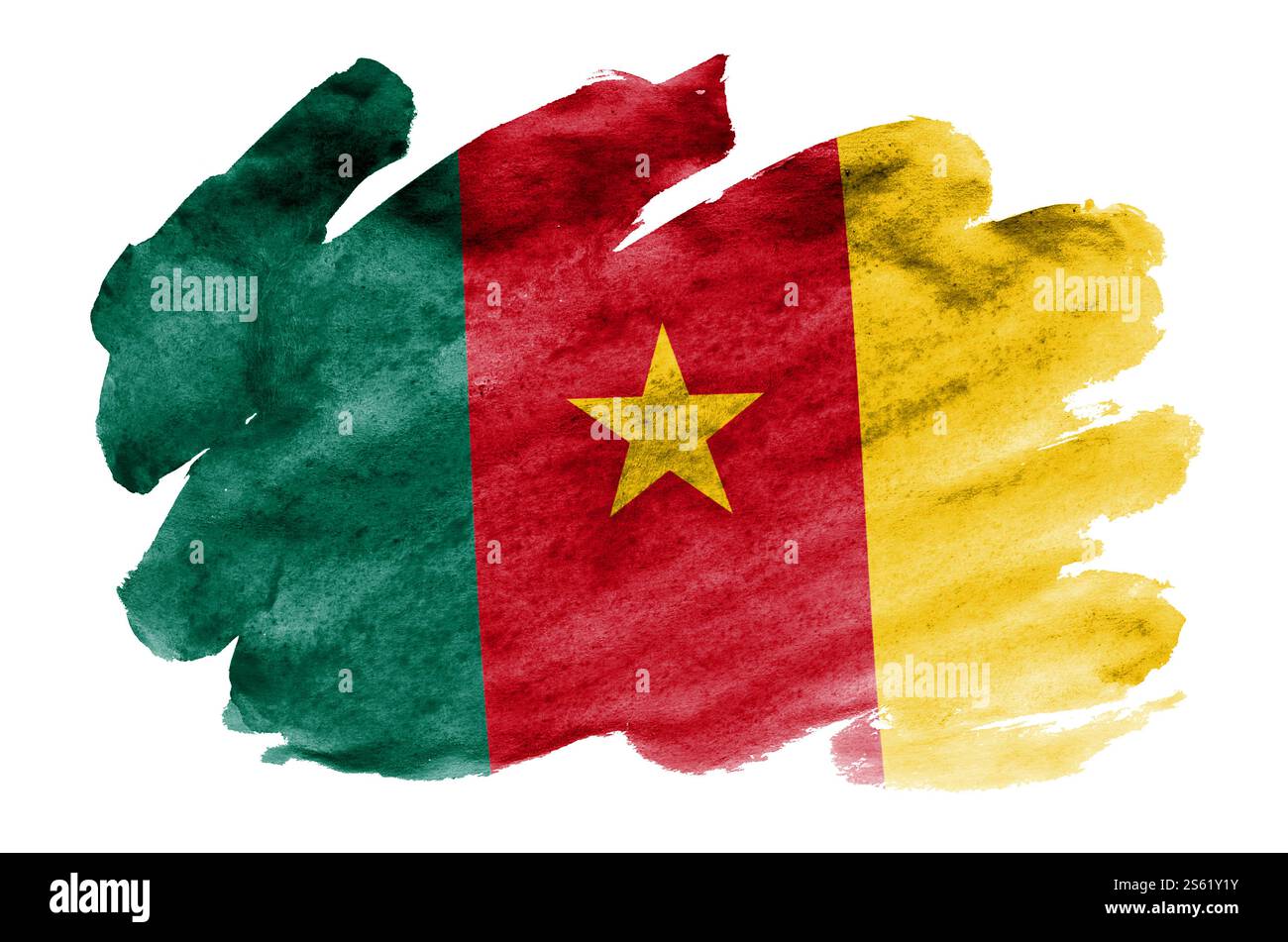 La bandiera del Camerun è raffigurata in stile acquerello liquido isolato su sfondo bianco. Vernice sconsiderata con l'immagine della bandiera nazionale. Indipendenza Foto Stock
