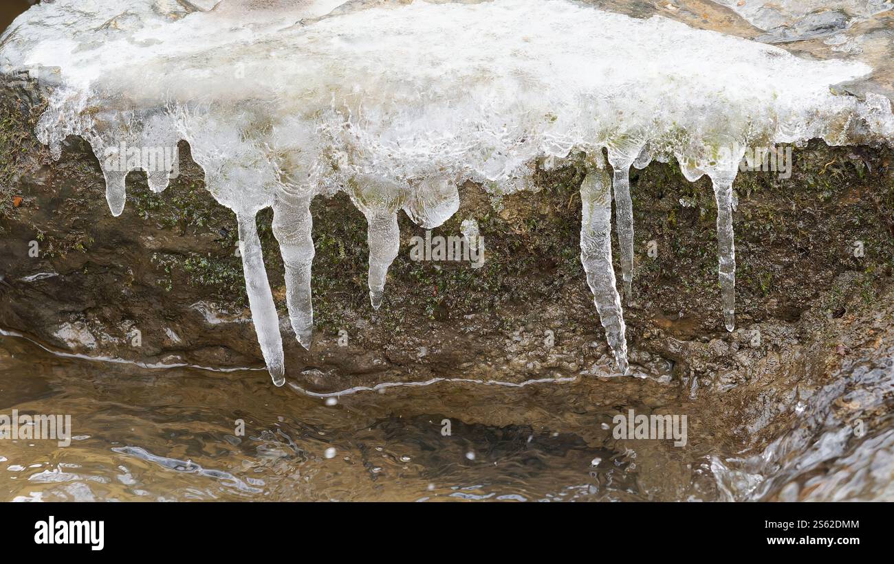Formazione di ghiaccioli sulla roccia vicino al flusso d'acqua in ambiente invernale freddo Foto Stock