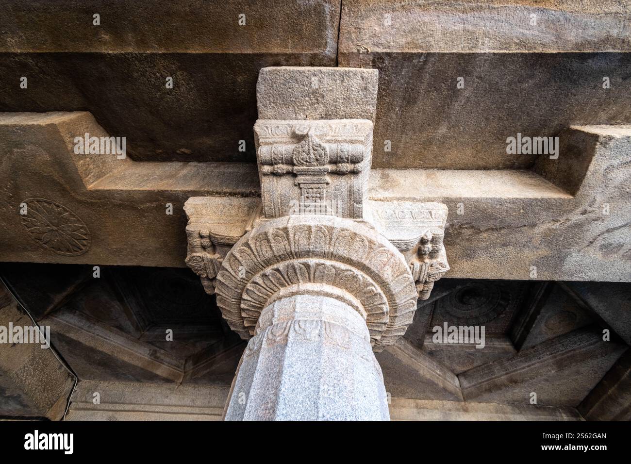Una vista dettagliata di un pilastro scolpito con motivi giainisti a Shravanabelagola. Foto Stock
