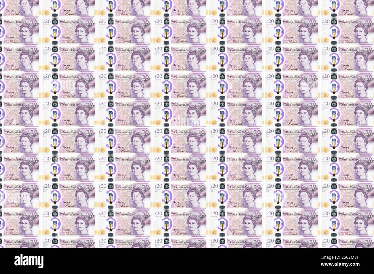 Banconote da 20 sterline britanniche stampate su un trasportatore per la produzione di denaro. Collage di molte bollette. Concetto di inflazione e svalutazione valutaria. 20 sterline britanniche Foto Stock