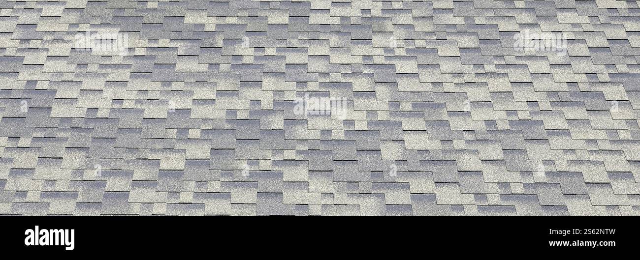 Tegole flessibili della superficie di copertura in bitume. Texture a mosaico di fondo di tegole piatte con rivestimento bituminoso. Texture a mosaico di sfondo piatta Foto Stock