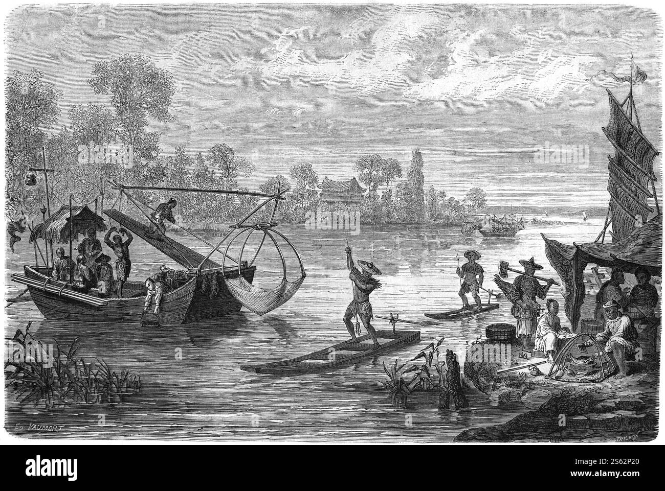 Pescatori o pescatori nella scena di pesca, con pesca a rete e pesca alla lancia, probabilmente sul fiume hai, a Zhili o Chihli, ora provincia di Hebei, Pechino o Pechino Cina. Incisione vintage o storica o illustrazione 1864 Foto Stock