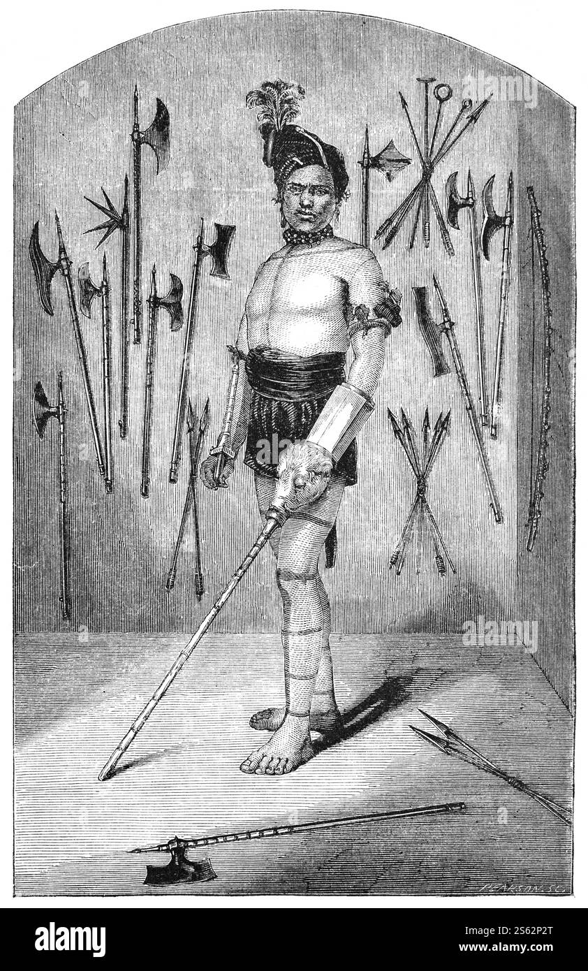 Ritratto in piedi del capo Khond Punda Naik con una collezione di armi tra cui Spada, assi e frecce. I Knonds, noti anche come Kondha o Kandha, sono una tribù indigena dravidica o tribù pianificata che vive principalmente a Orissa, nell'India orientale. Incisione vintage o storica o illustrazione 1864 Foto Stock