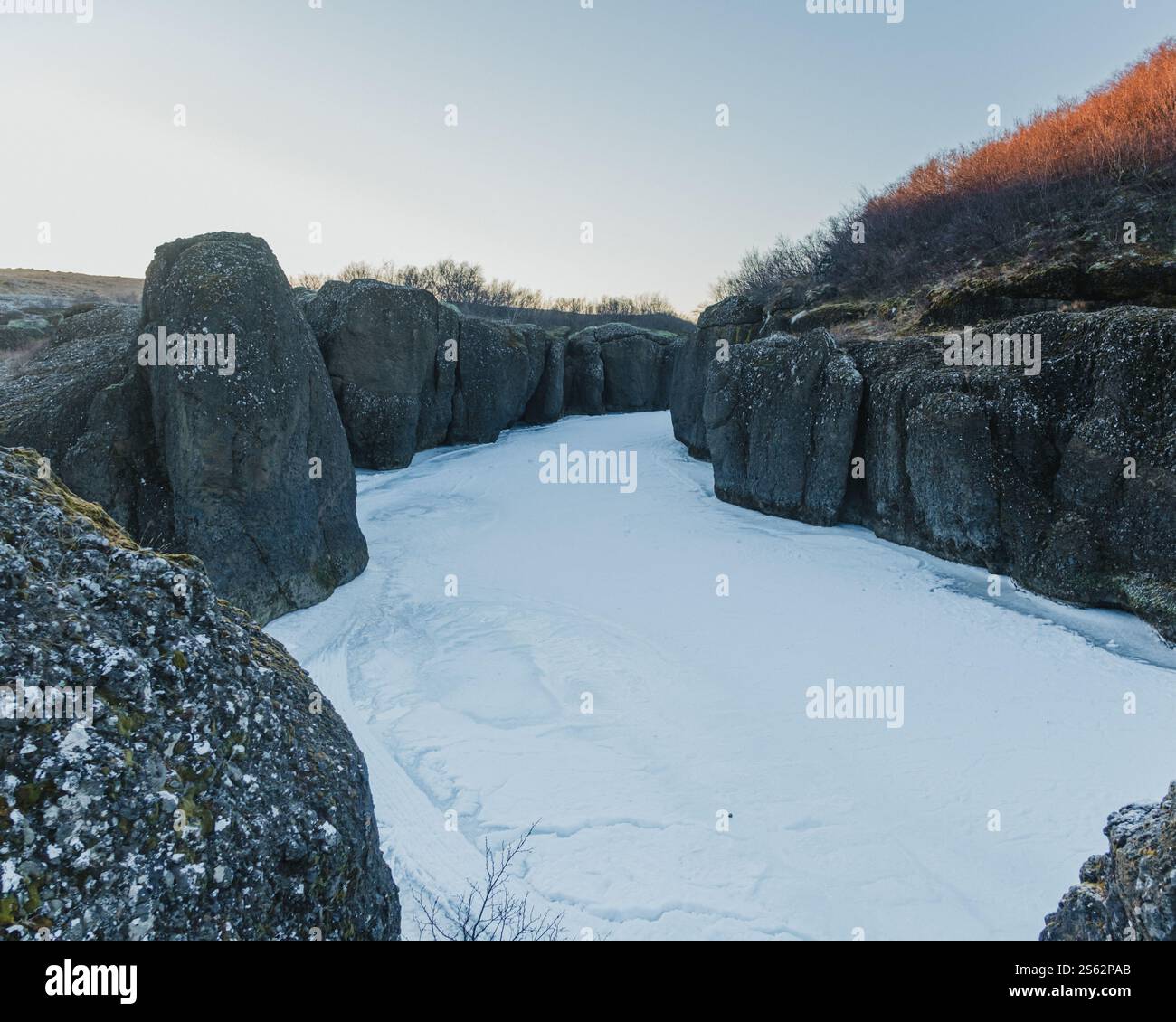 Canyon ghiacciato di Brúarhlöð nel sud dell'Islanda con aspre scogliere e luce invernale. Foto Stock