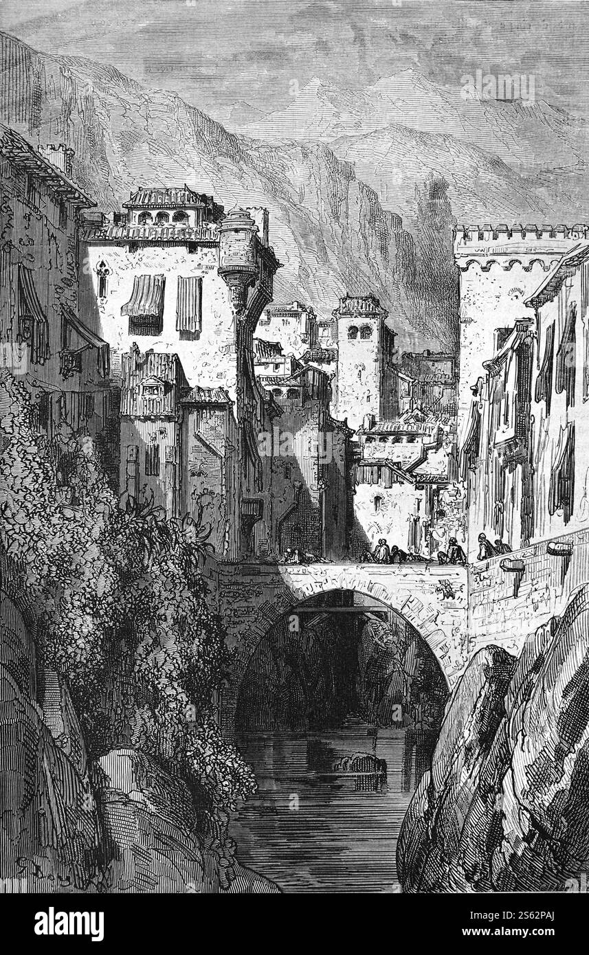Edifici storici lungo il fiume Darro che un tempo fornivano acqua al complesso del Palazzo dell'Alhambra Granada Andalucia Spagna. Incisione vintage o storica o illustrazione 1864 Foto Stock